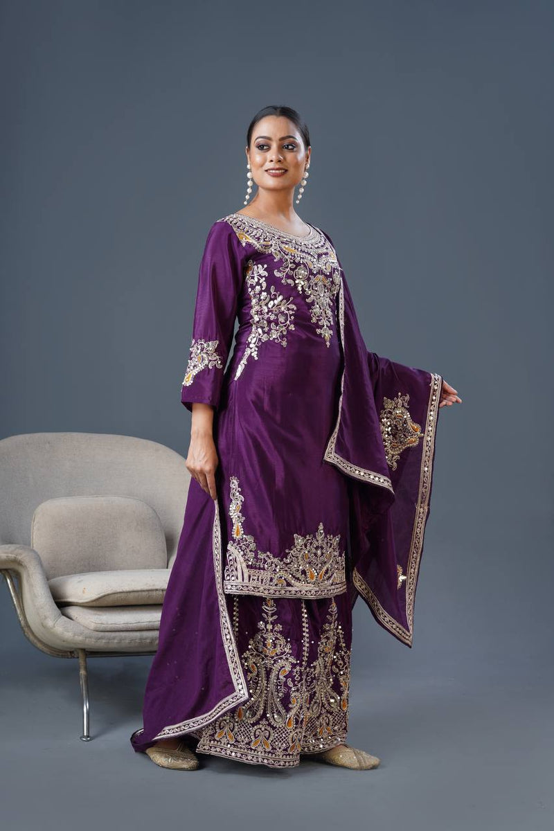 Regal Purple Embroidered Sharara Suit with Dupatta Bridal and Festive Wear