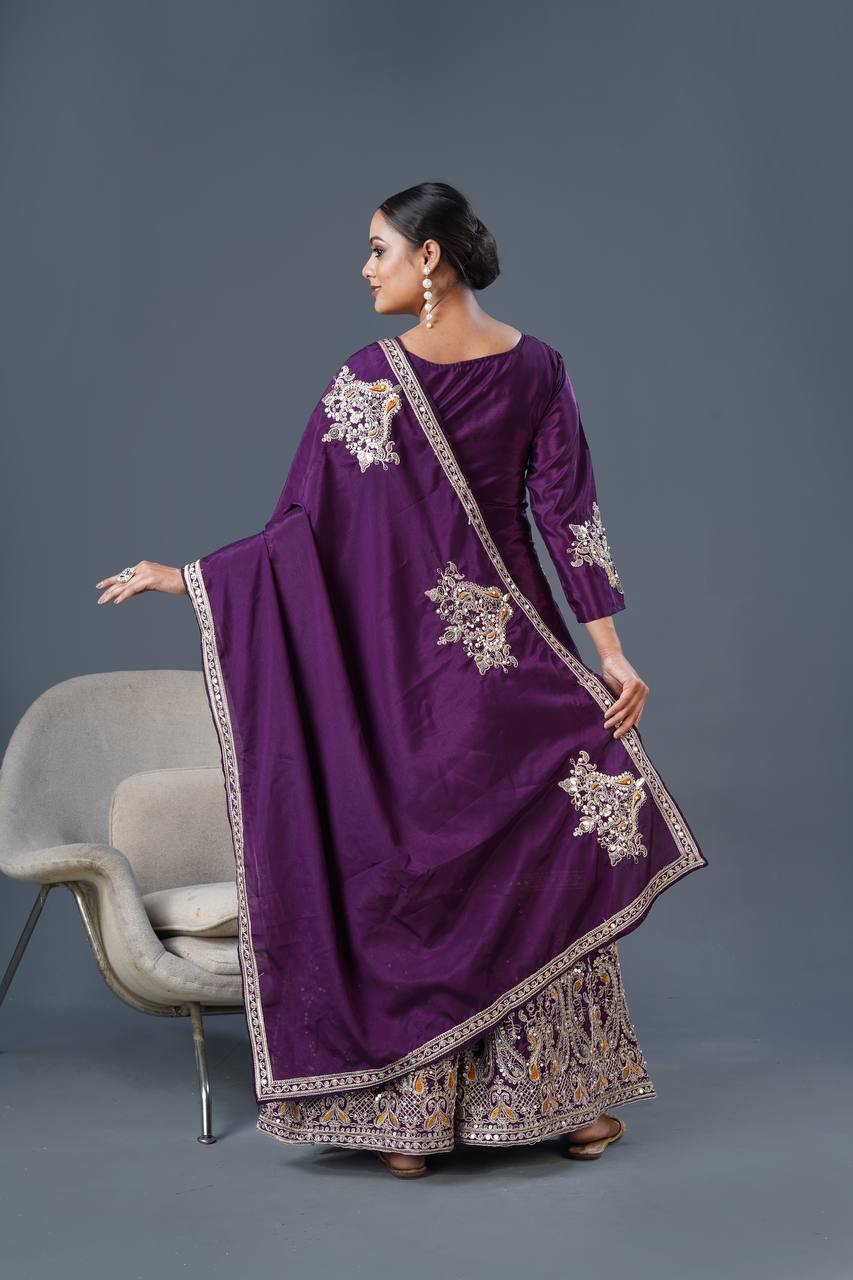 Regal Purple Embroidered Sharara Suit with Dupatta Bridal and Festive Wear