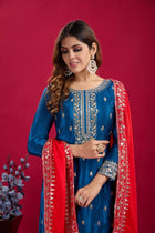 Royal Blue Mirror Work Sharara Suit with Red Dupatta Ethnic Party and Wedding Wear