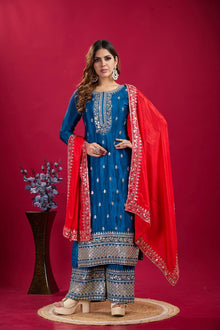 Royal Blue Mirror Work Sharara Suit with Red Dupatta Ethnic Party and Wedding Wear