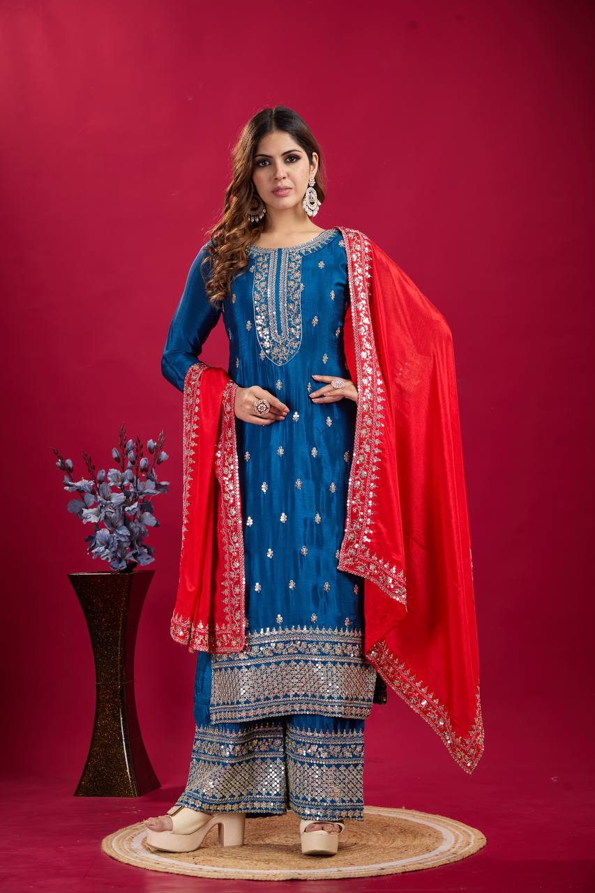 Royal Blue Mirror Work Sharara Suit with Red Dupatta Ethnic Party and Wedding Wear