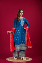 Royal Blue Mirror Work Sharara Suit with Red Dupatta Ethnic Party and Wedding Wear