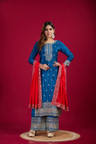 Royal Blue Mirror Work Sharara Suit with Red Dupatta Ethnic Party and Wedding Wear