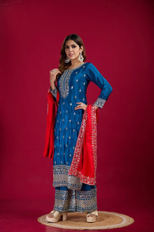 Royal Blue Mirror Work Sharara Suit with Red Dupatta Ethnic Party and Wedding Wear