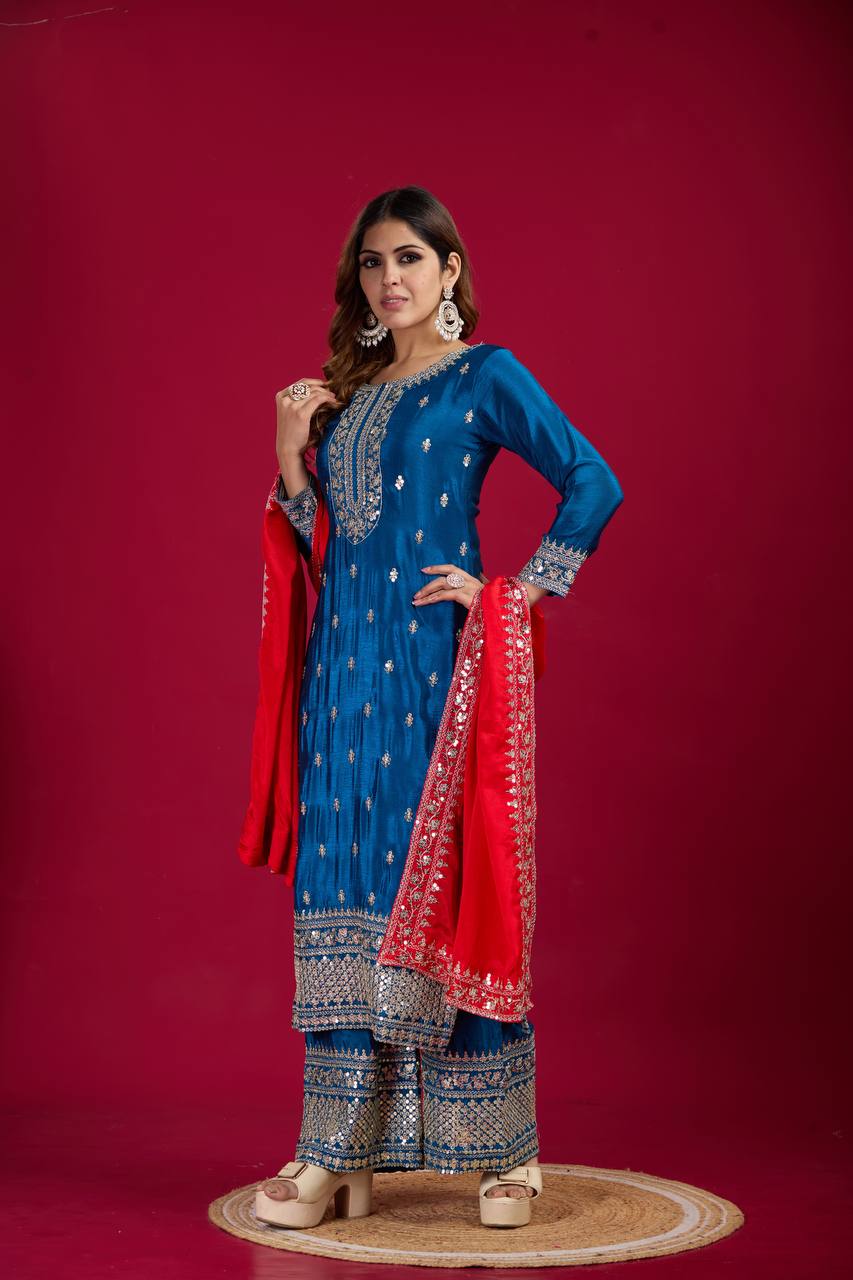 Royal Blue Mirror Work Sharara Suit with Red Dupatta Ethnic Party and Wedding Wear