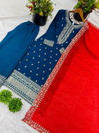 Royal Blue Mirror Work Sharara Suit with Red Dupatta Ethnic Party and Wedding Wear