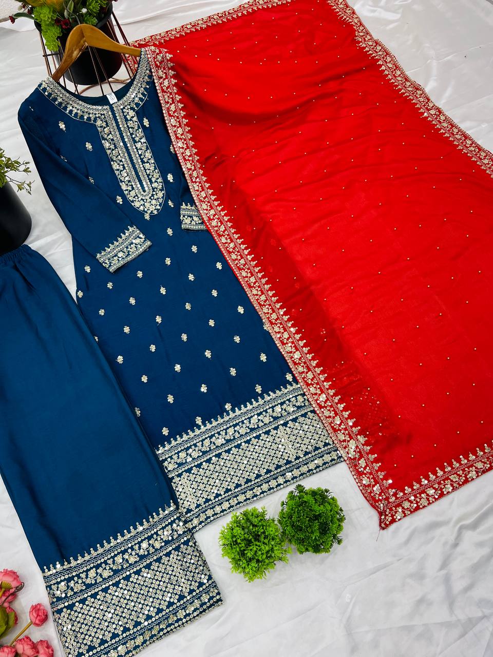 Royal Blue Mirror Work Sharara Suit with Red Dupatta Ethnic Party and Wedding Wear