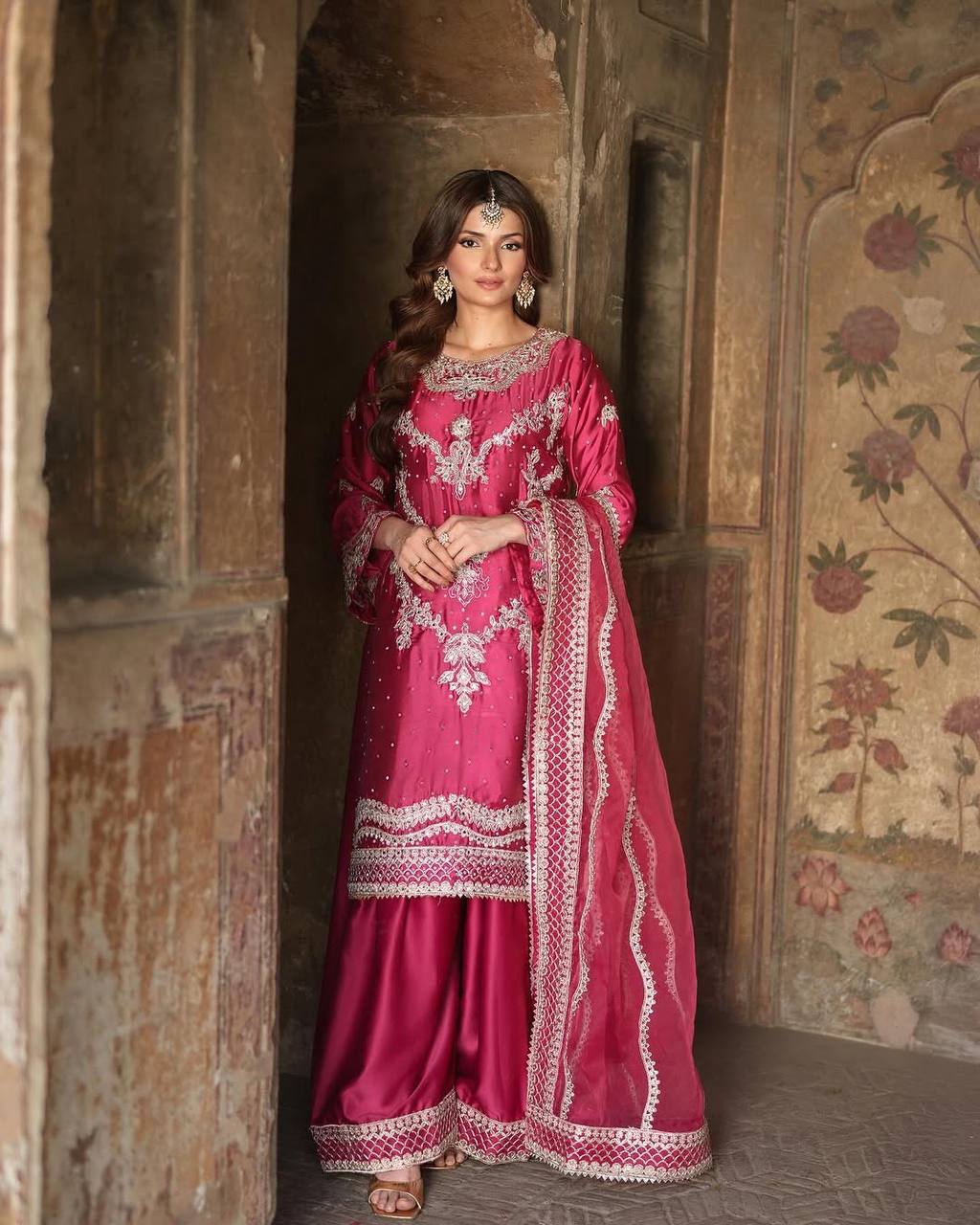 Royal Maroon Embroidered Sharara Suit Set with Heavy Dupatta