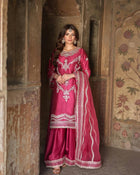 Royal Maroon Embroidered Sharara Suit Set with Heavy Dupatta