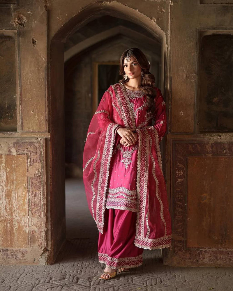 Royal Maroon Embroidered Sharara Suit Set with Heavy Dupatta