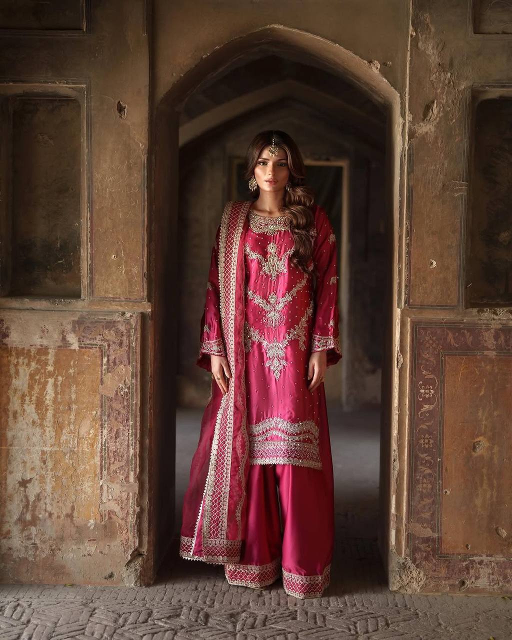 Royal Maroon Embroidered Sharara Suit Set with Heavy Dupatta