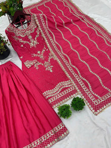 Royal Maroon Embroidered Sharara Suit Set with Heavy Dupatta