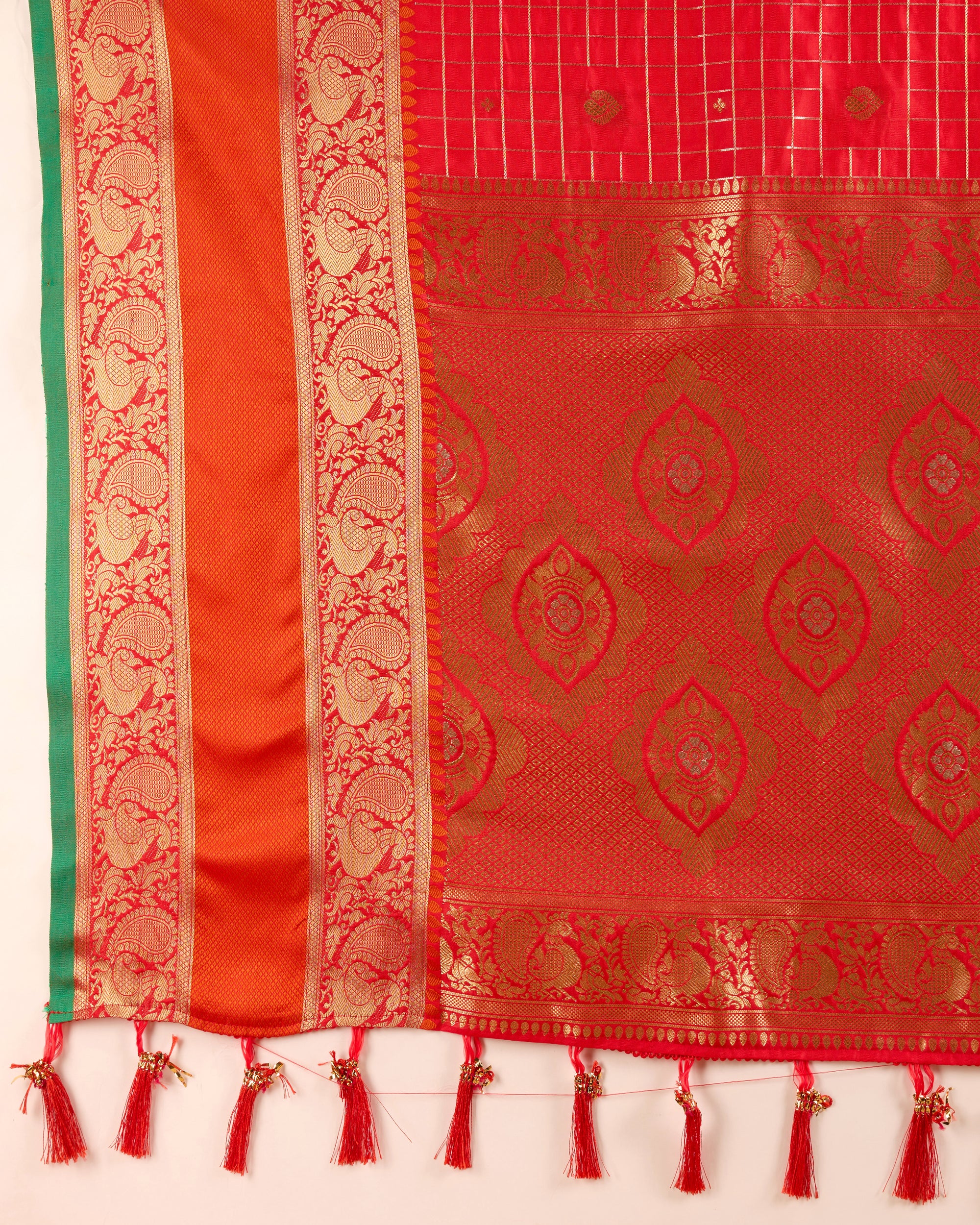 Pure Red Silk Saree with Meenakari Weaving & Rich Contrast Pallu Wedding