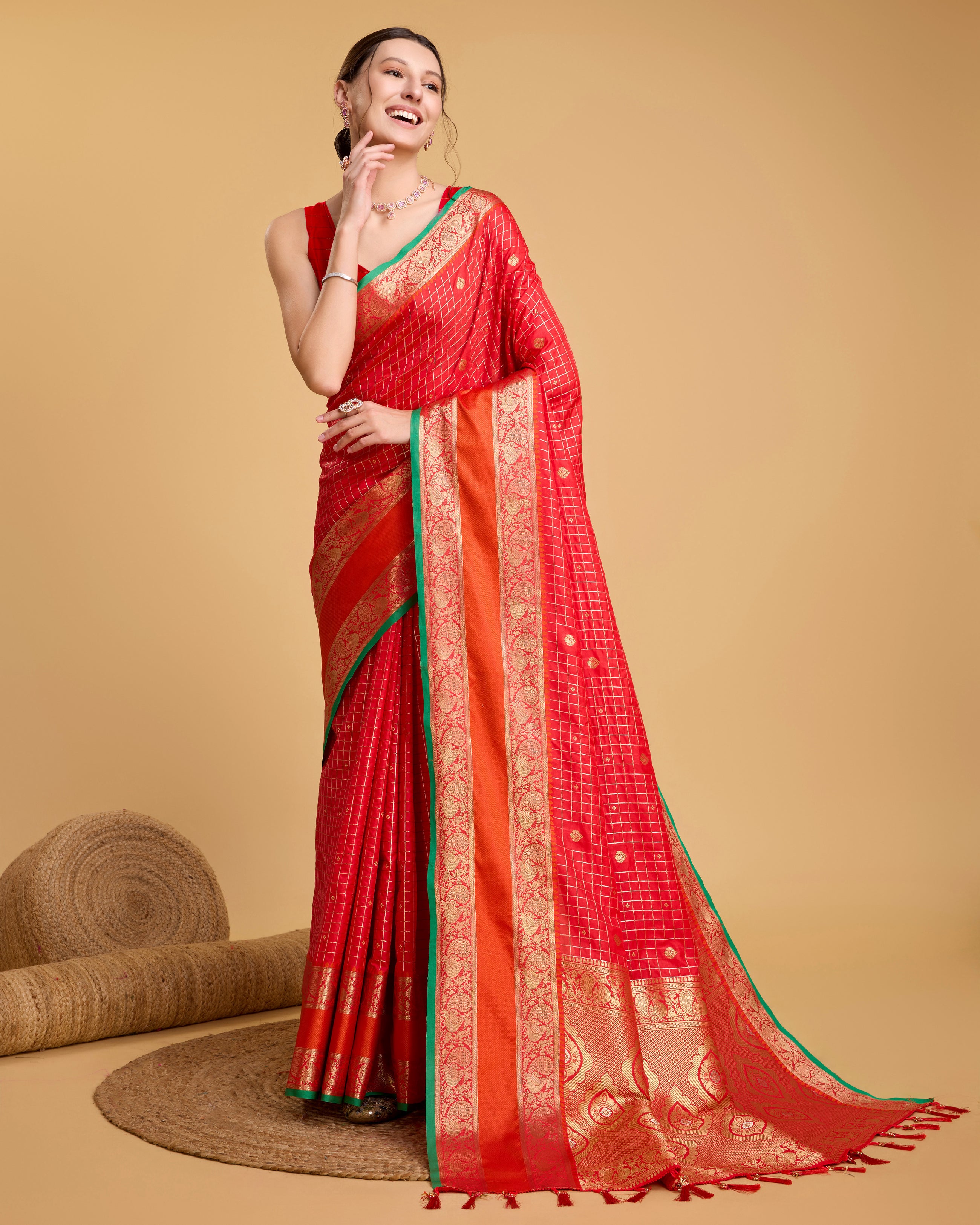 Pure Red Silk Saree with Meenakari Weaving & Rich Contrast Pallu Wedding