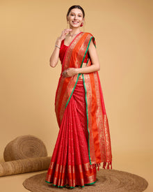 Pure Red Silk Saree with Meenakari Weaving & Rich Contrast Pallu Wedding