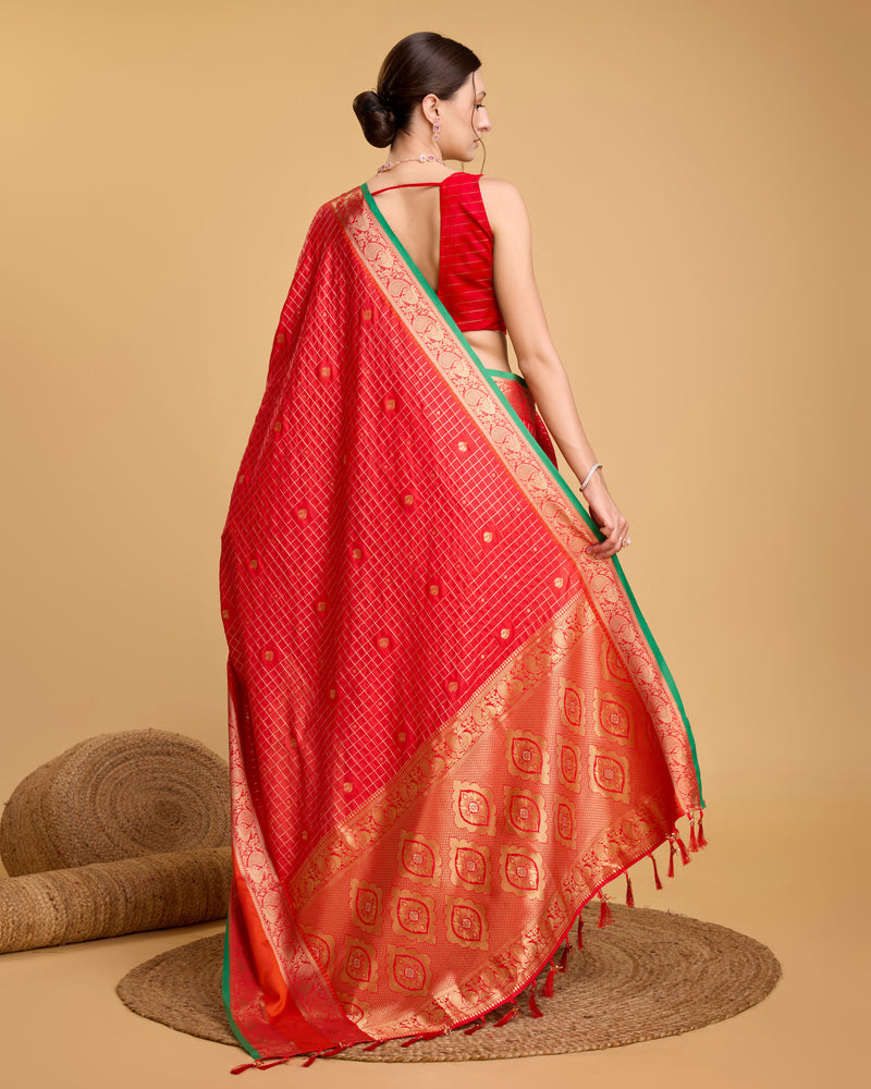 Pure Red Silk Saree with Meenakari Weaving & Rich Contrast Pallu Wedding