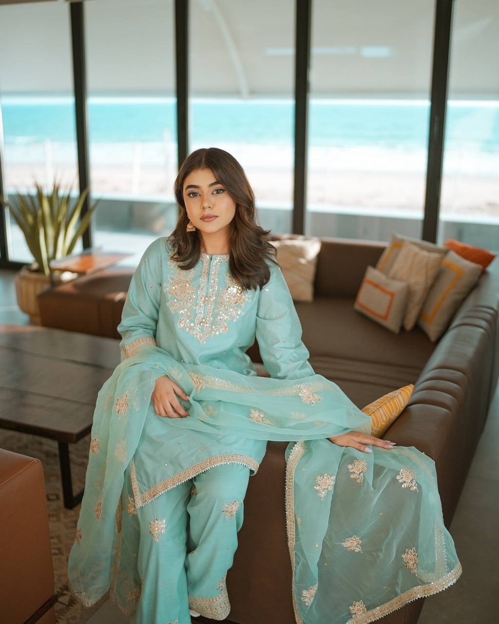 Elegant Aqua Blue Embroidered Salwar Suit