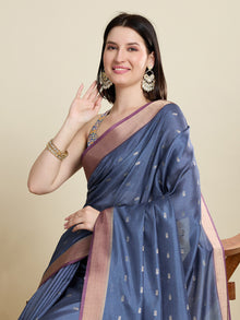 Semi Cotton Saree with Jari Border & Weaving Butti – Contrast Print & Blouse