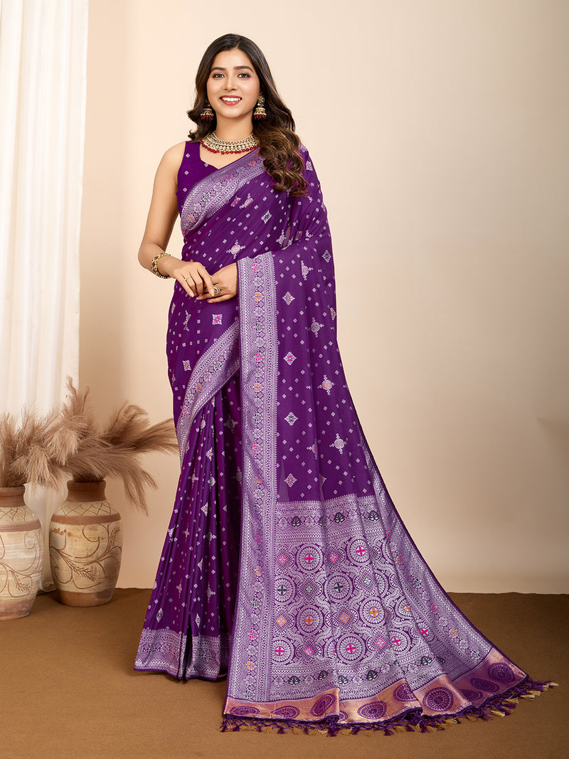 Pure Purple Silk Saree with Mina Kari Weaving And Rich Pallu Traditional and Festive Elegance