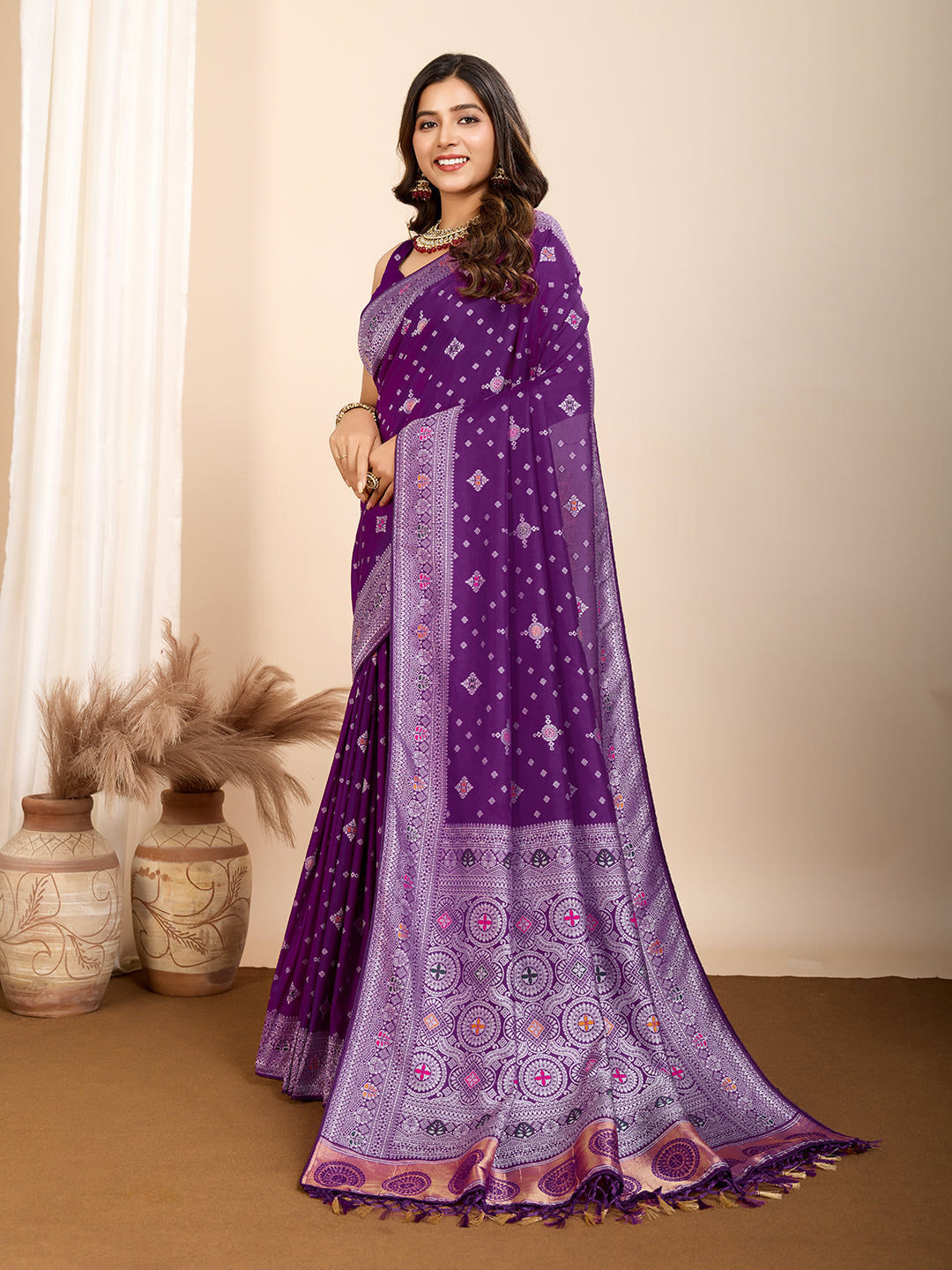 Pure Purple Silk Saree with Mina Kari Weaving And Rich Pallu Traditional and Festive Elegance
