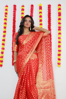 stunning-red-banarasi-silk-saree-with-golden-zari butta–perfect-for-festivals