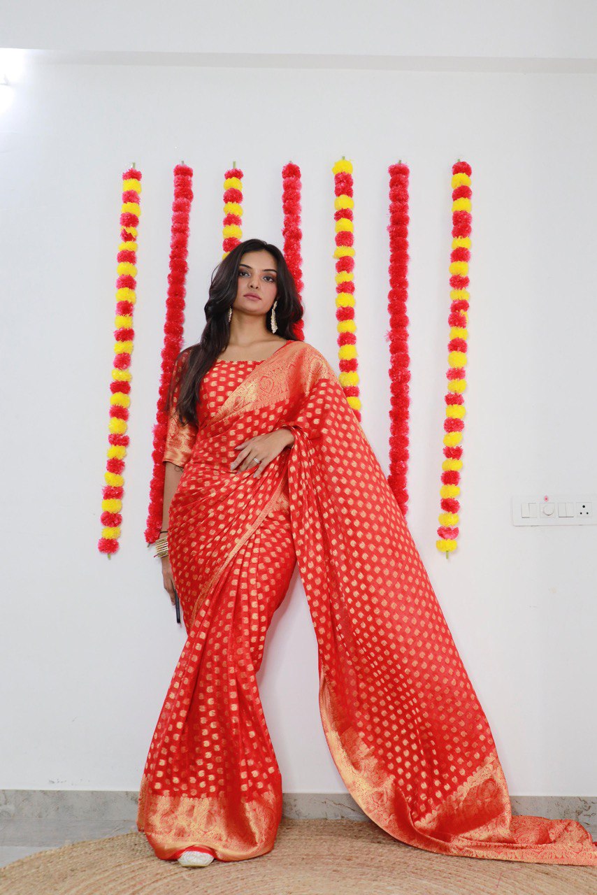 stunning-red-banarasi-silk-saree-with-golden-zari butta–perfect-for-festivals