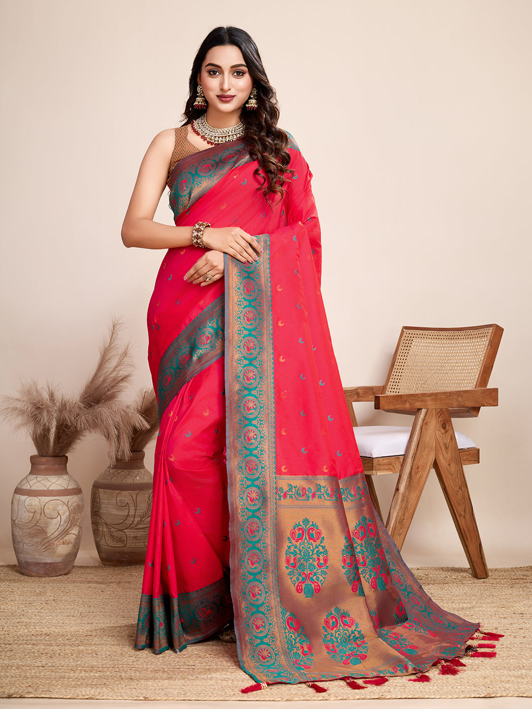 Red Jacquard Saree with Pure Zari Work & Vibrant Zari Weave Bridal Festive Look