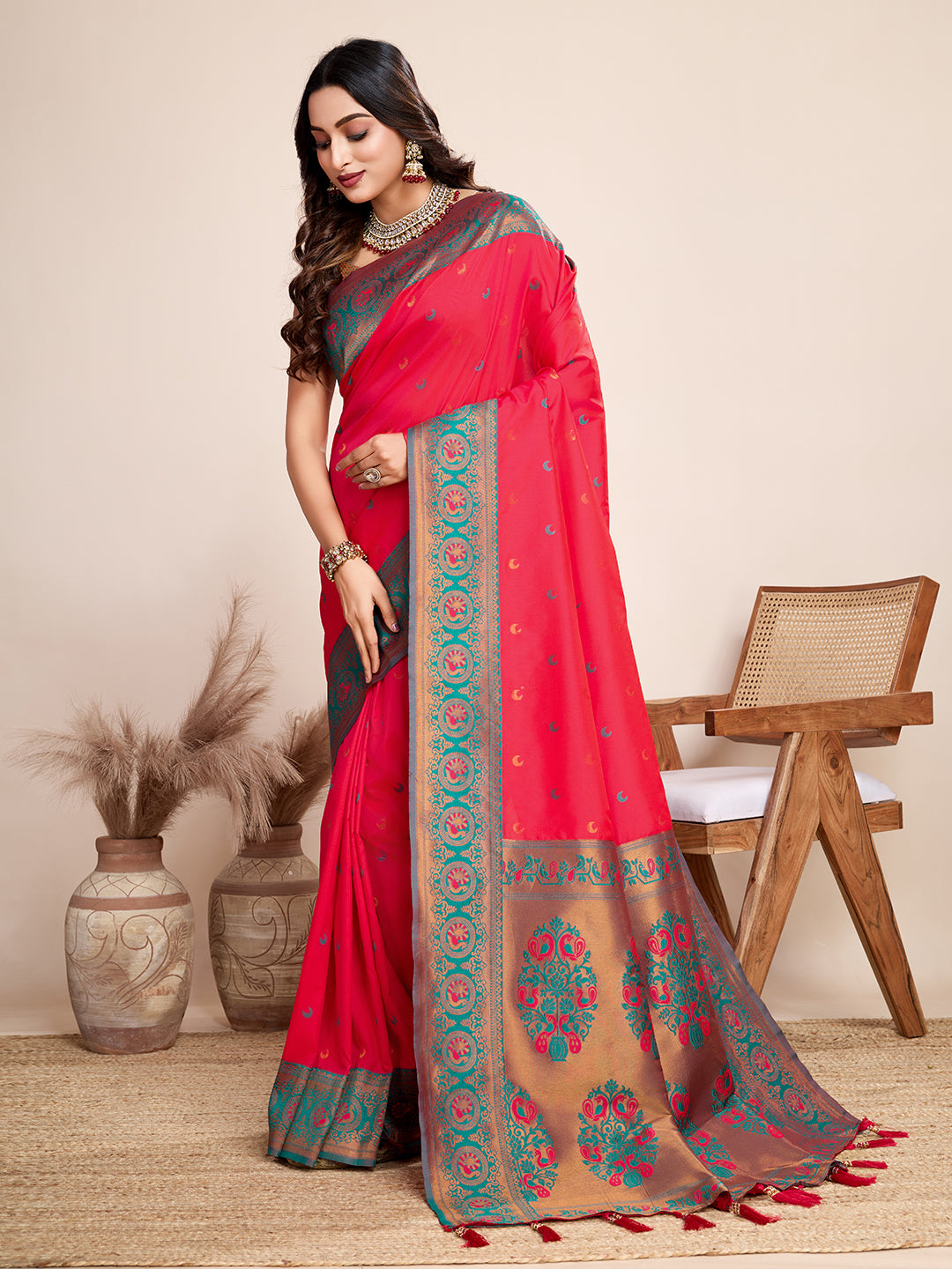 Red Jacquard Saree with Pure Zari Work & Vibrant Zari Weave Bridal Festive Look