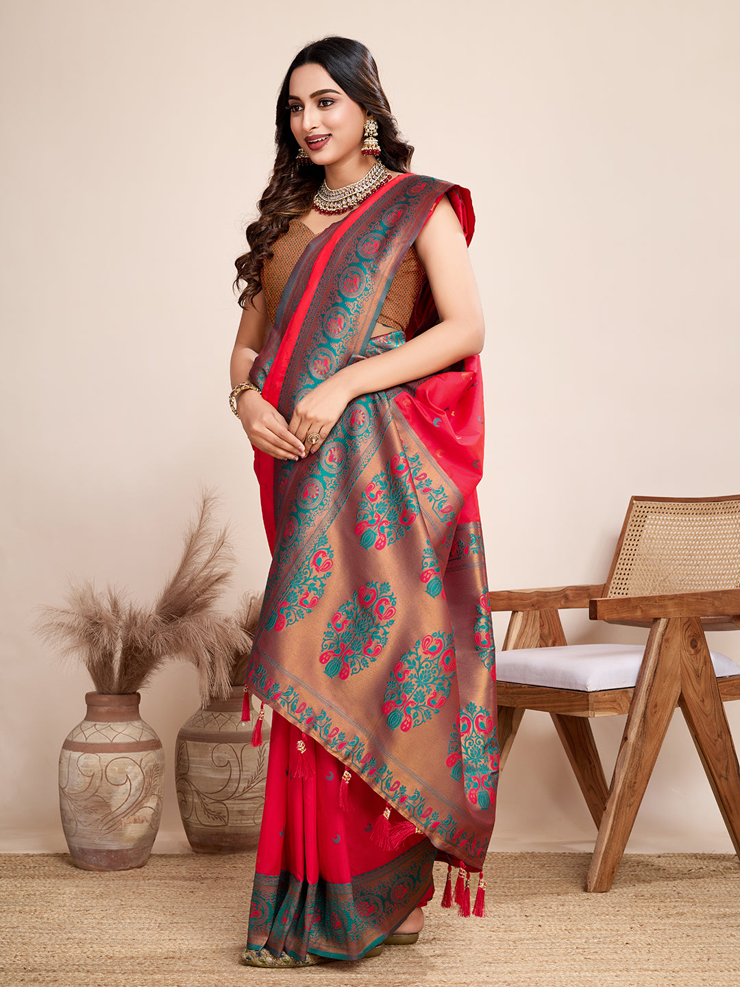 Red Jacquard Saree with Pure Zari Work & Vibrant Zari Weave Bridal Festive Look