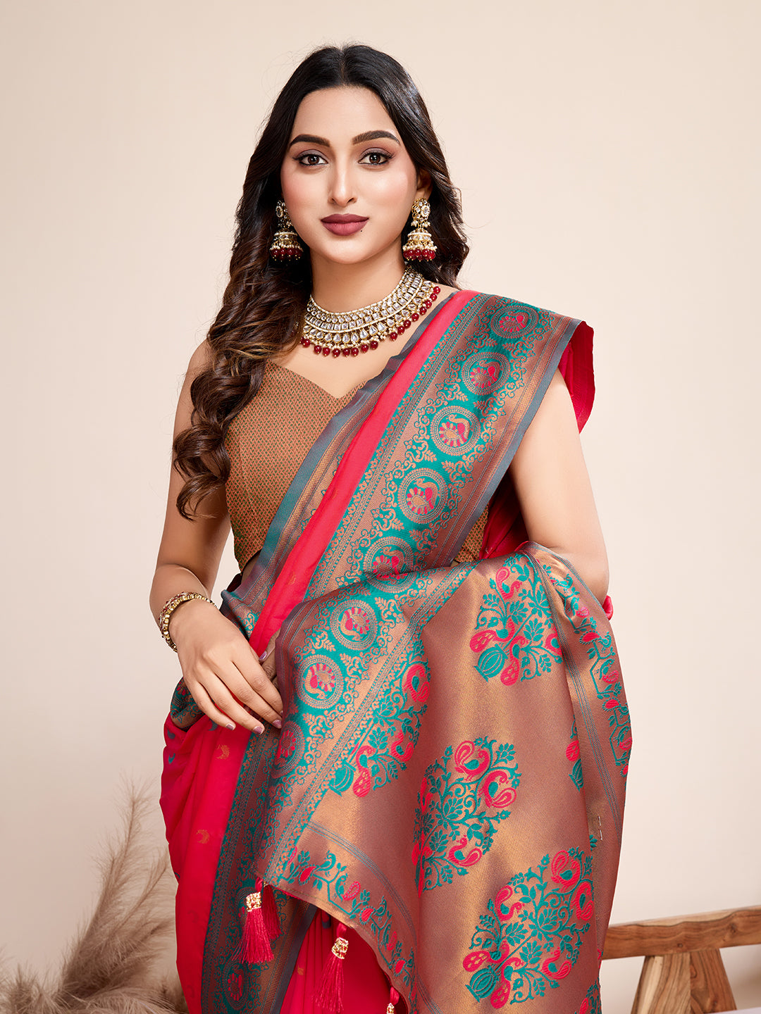 Red Jacquard Saree with Pure Zari Work & Vibrant Zari Weave Bridal Festive Look