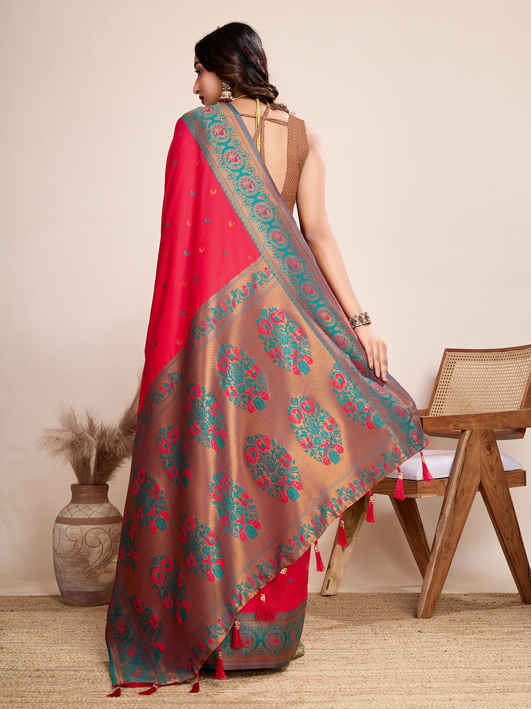 Red Jacquard Saree with Pure Zari Work & Vibrant Zari Weave Bridal Festive Look