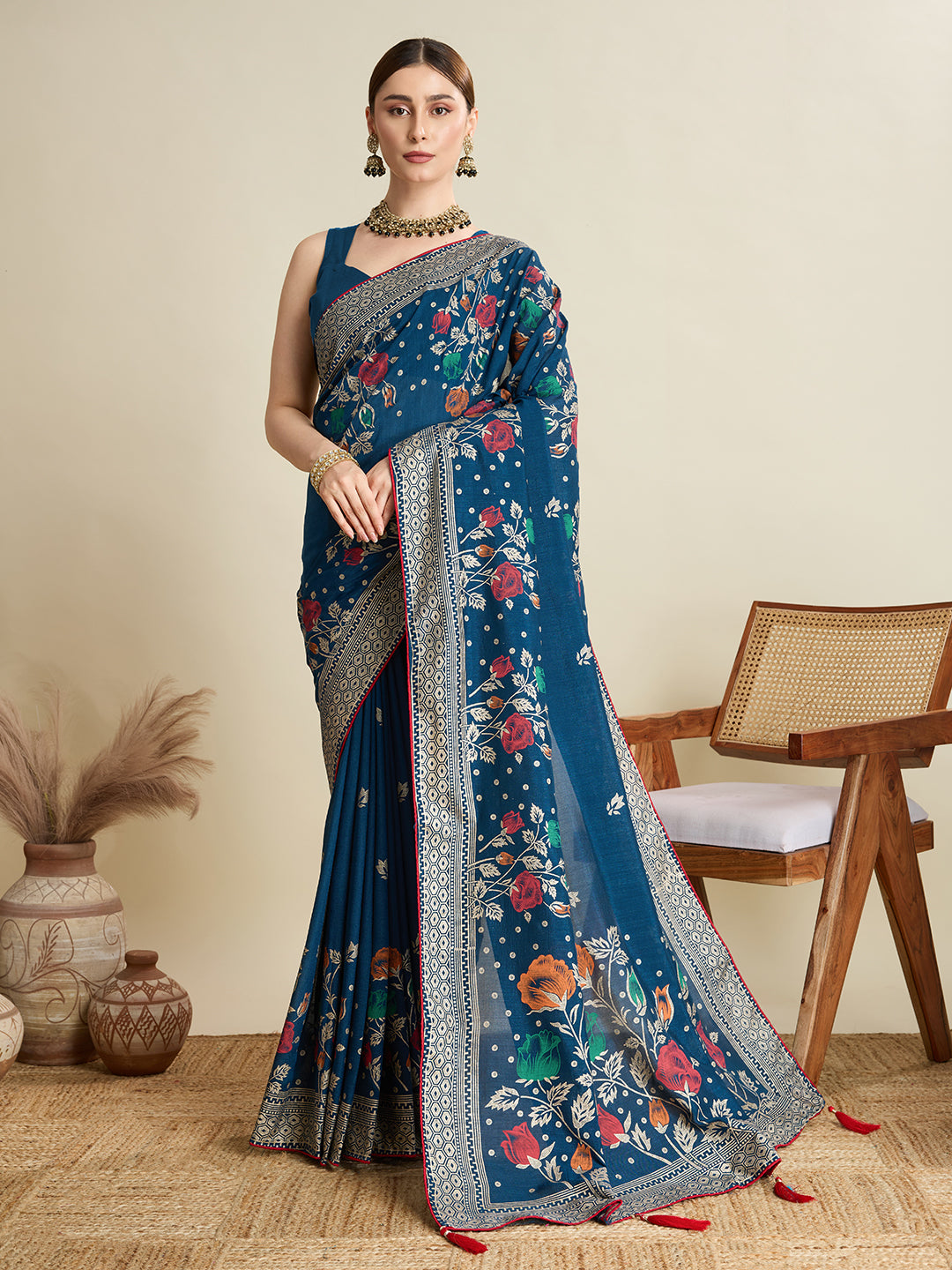 blue cotton saree with all over floral table print and running blouse