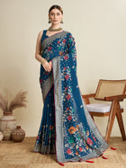 blue cotton saree with all over floral table print and running blouse
