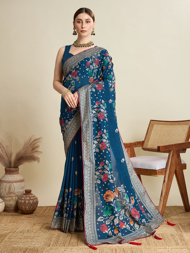 blue cotton saree with all over floral table print and running blouse