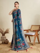 blue cotton saree with all over floral table print and running blouse