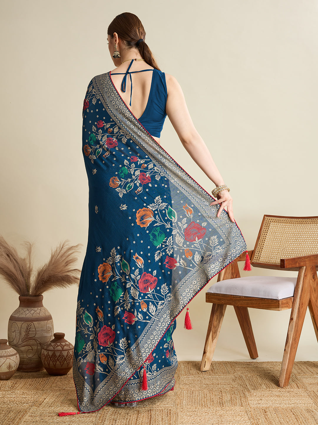 blue cotton saree with all over floral table print and running blouse