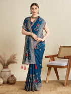 blue cotton saree with all over floral table print and running blouse