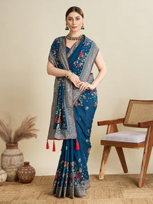 blue cotton saree with all over floral table print and running blouse