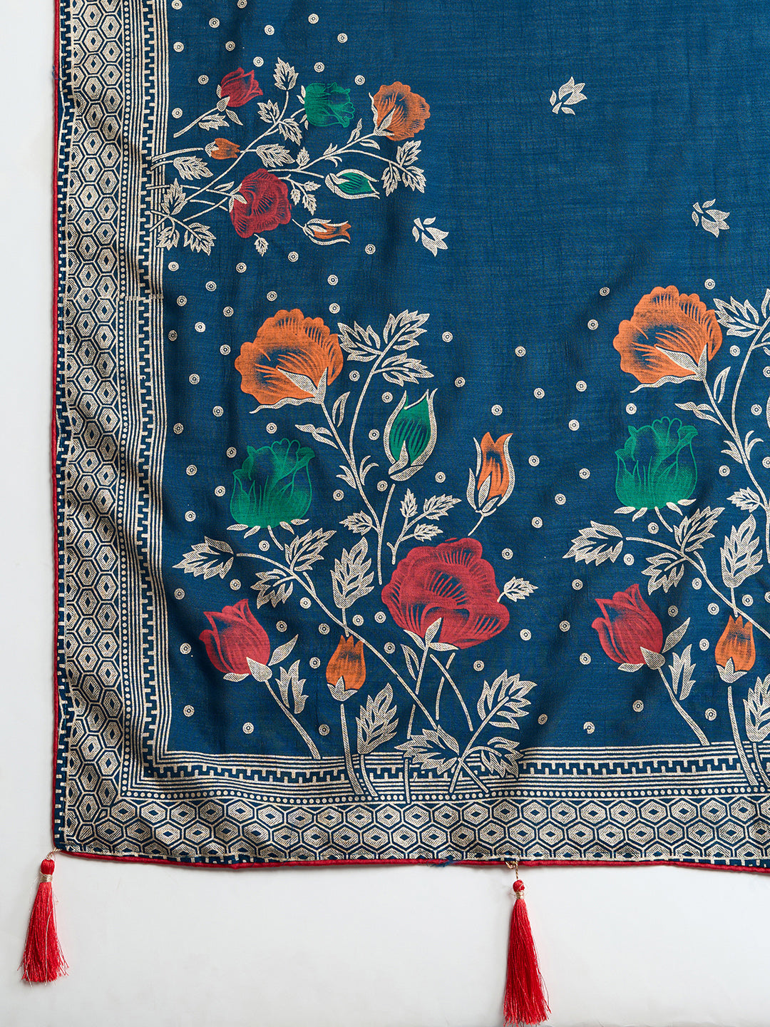 blue cotton saree with all over floral table print and running blouse