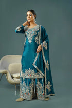 Teal Blue Embroidered Sharara Suit with Zari & Mirror Work Festive