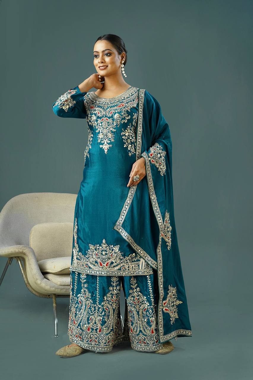 Teal Blue Embroidered Sharara Suit with Zari & Mirror Work Festive
