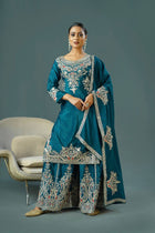 Teal Blue Embroidered Sharara Suit with Zari & Mirror Work Festive