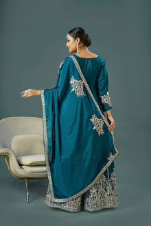 Teal Blue Embroidered Sharara Suit with Zari & Mirror Work Festive