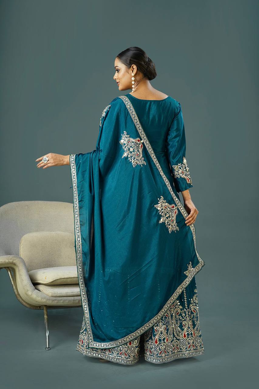 Teal Blue Embroidered Sharara Suit with Zari & Mirror Work Festive