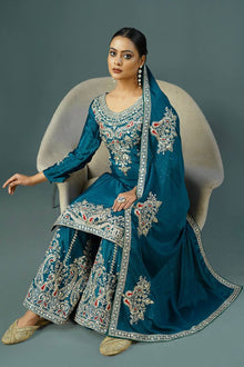 Teal Blue Embroidered Sharara Suit with Zari & Mirror Work Festive