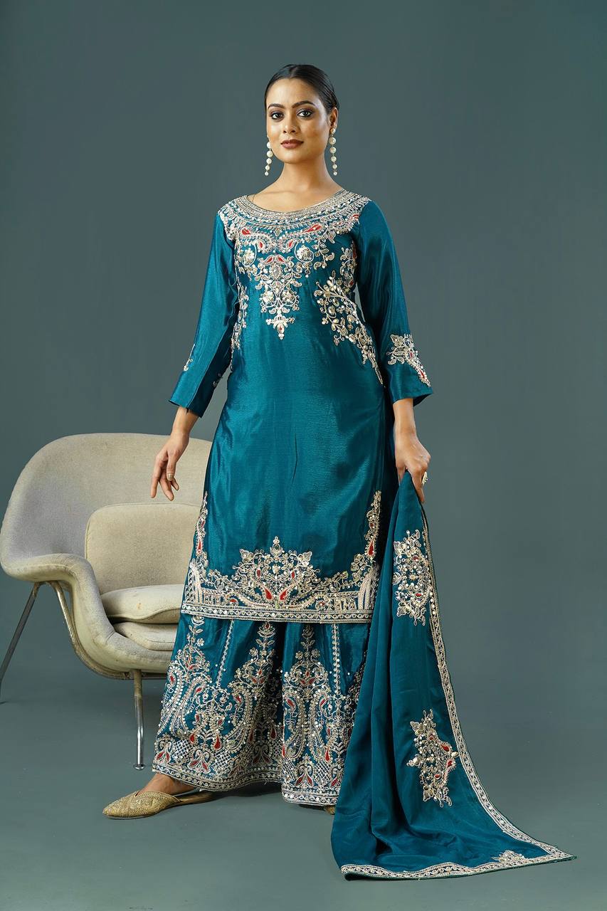Teal Blue Embroidered Sharara Suit with Zari & Mirror Work Festive