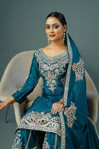 Teal Blue Embroidered Sharara Suit with Zari & Mirror Work Festive