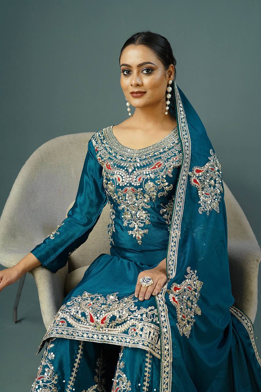 Teal Blue Embroidered Sharara Suit with Zari & Mirror Work Festive