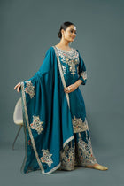 Teal Blue Embroidered Sharara Suit with Zari & Mirror Work Festive