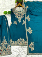 Teal Blue Embroidered Sharara Suit with Zari & Mirror Work Festive